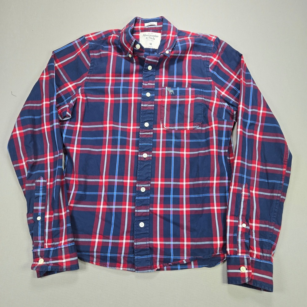 Abercrombie & Fitch Button Down Shirt Muscle Fit Plaid Moose Logo Blue Mens M